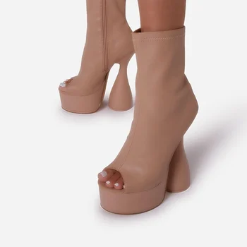 Melns sexy peep toe microfiber āda bieza platforma, dizainera super augstu papēdi potītes zābaki pavasara vasaras zābaki apavi sieviete mujer 2