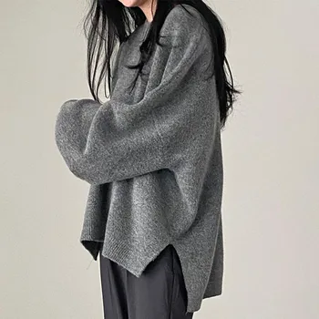 Sieviešu Sabiezēt Džemperis Bat Puff Piedurknēm Lielgabarīta Rudens Ziemas 2021 korejiešu Stilā Casual Sadalīt Cieto Adīšanas Džemperi, Topi 2