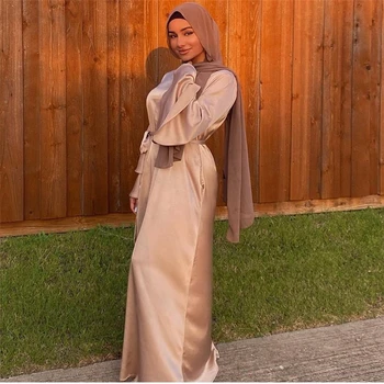 Ramadāna-Musulmaņu 2022 Sieviešu Pavasara Vasaras Abaya Dress Mīksta Zaudēt Satīna Garām Piedurknēm Islāma Dubaija Turcija Apģērbu, Tērpu Puse 2