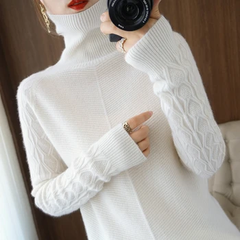 Rudens un ziemas tīra jaka sieviešu augsta kakla džemperis pāļu kakla kašmira pulovers bāzes biezs džemperis liela izmēra brīvs 2