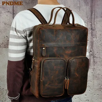 PNDME āra vintage īstas ādas vīriešu mugursoma augstas kvalitātes pātagot ikdienas multi-kabatas pusaudžu ceļojumu klēpjdatoru bagpack bookbags 2