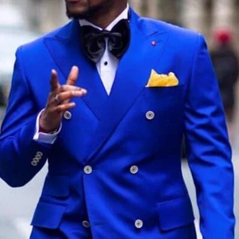 Royal Blue Vīriešu Uzvalki, Kāzu Dubultā Krūtīm, Groomsman Tuxedos Slim Fit Āfrikas Modes Jaka ar Bikses Līgavainis Valkā 2