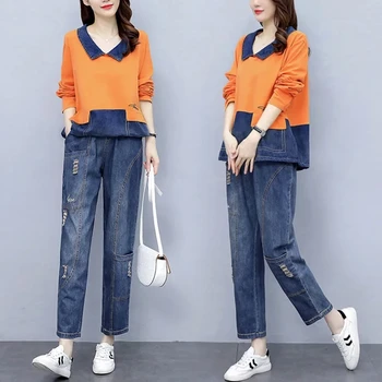 Plus Lieluma Zaudēt Džinsa Kostīms Sievietēm Divas Gabals, Kas Ietilpst Korejas Modes Tracksuit Ikdienas Blūze Un Džinsi Streetwear Gadījuma Sweatsuit 2