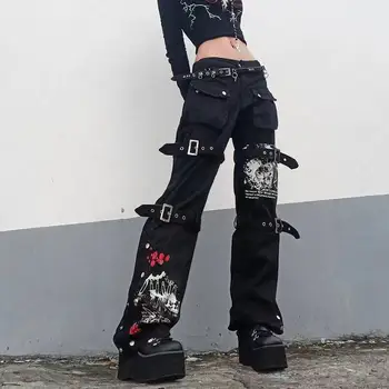 Punk Galvaskausa Drukāt Melnās Džinsa Bikses Y2K Harajuku Augsts Viduklis, Lielas Kabatas Bikses Goth Mall Grunge Kravas Bikses Techwear 2