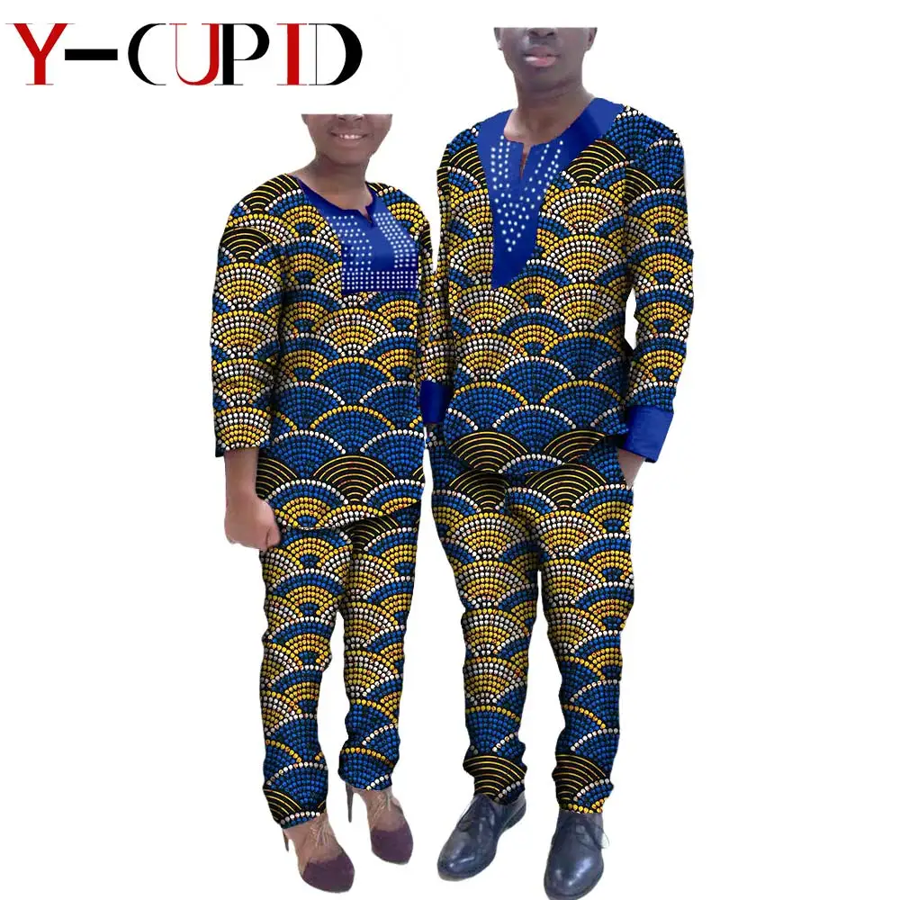 Āfrikas Drēbes Pāriem Bazin Riche Pielāgots Sieviešu Apģērbu Piedāvātos Vīriešu Tērpiem, Rhinestone Drukāt Tops un Bikses Komplekti YA72C01 Attēls 2