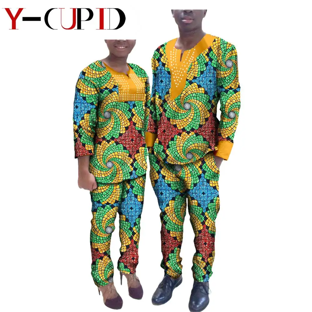 Āfrikas Drēbes Pāriem Bazin Riche Pielāgots Sieviešu Apģērbu Piedāvātos Vīriešu Tērpiem, Rhinestone Drukāt Tops un Bikses Komplekti YA72C01 Attēls 3
