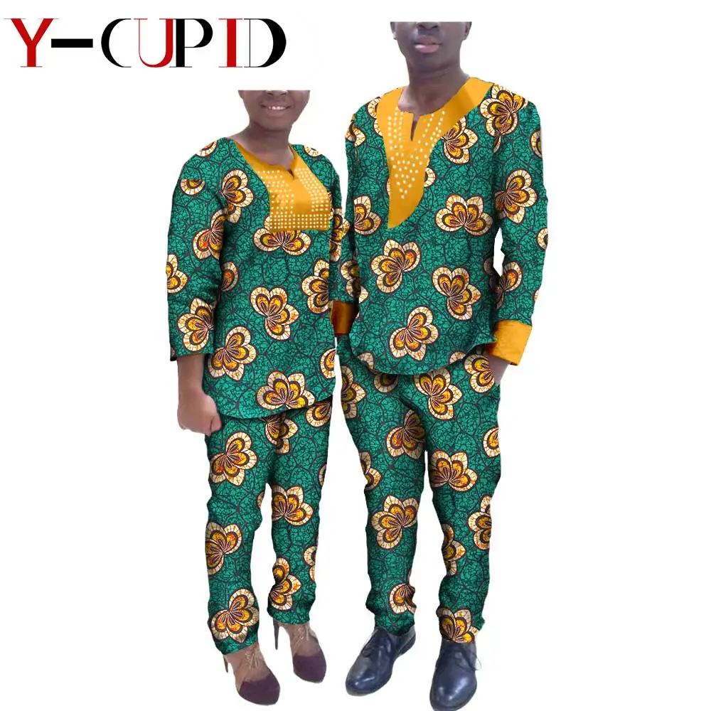 Āfrikas Drēbes Pāriem Bazin Riche Pielāgots Sieviešu Apģērbu Piedāvātos Vīriešu Tērpiem, Rhinestone Drukāt Tops un Bikses Komplekti YA72C01 Attēls 4