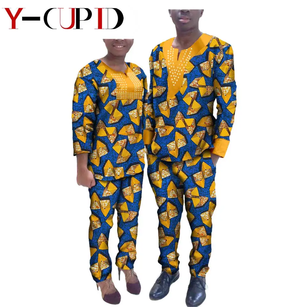 Āfrikas Drēbes Pāriem Bazin Riche Pielāgots Sieviešu Apģērbu Piedāvātos Vīriešu Tērpiem, Rhinestone Drukāt Tops un Bikses Komplekti YA72C01 Attēls 5