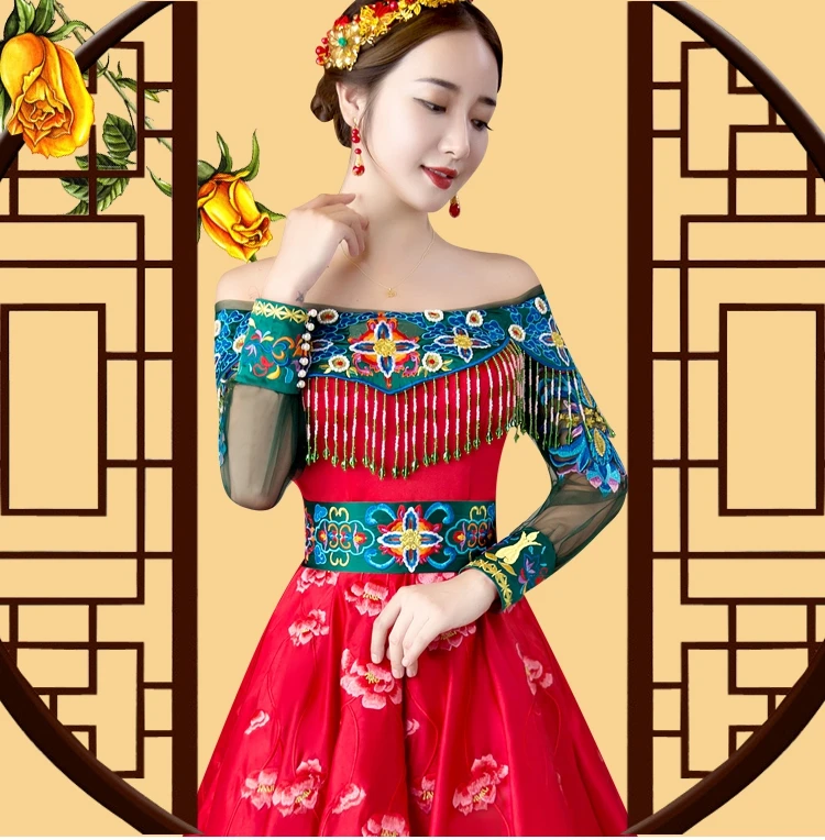 īsta ķīnas sarkano pušķi/ķīniešu peonija izšuvumu rakstu gara kleita kleita skatuves sniegumu Attēls 1