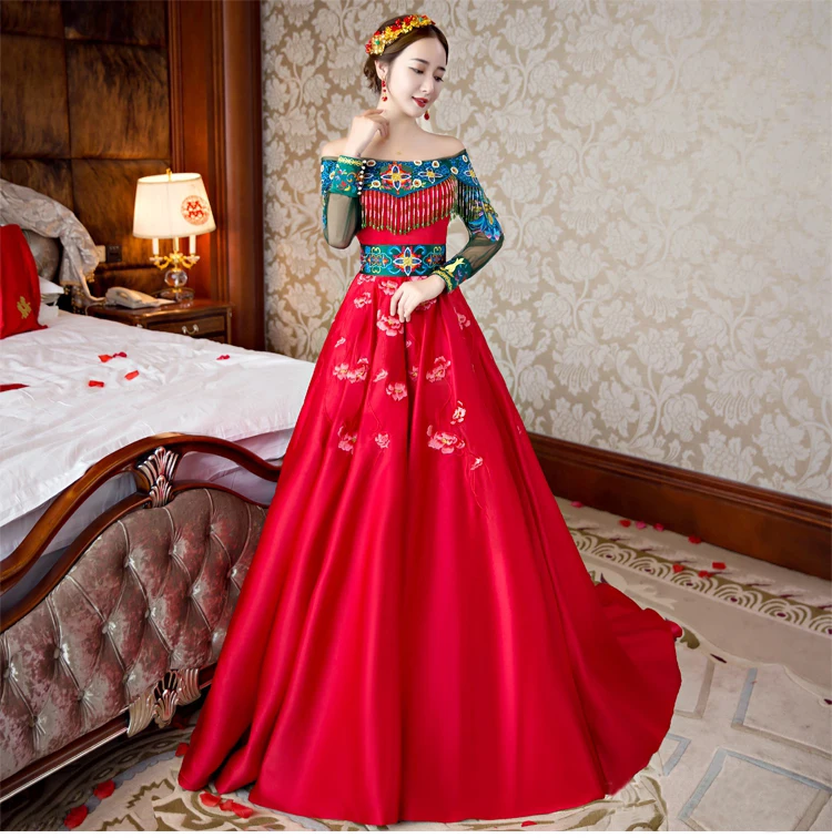īsta ķīnas sarkano pušķi/ķīniešu peonija izšuvumu rakstu gara kleita kleita skatuves sniegumu Attēls 3