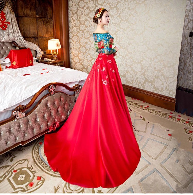 īsta ķīnas sarkano pušķi/ķīniešu peonija izšuvumu rakstu gara kleita kleita skatuves sniegumu Attēls 4