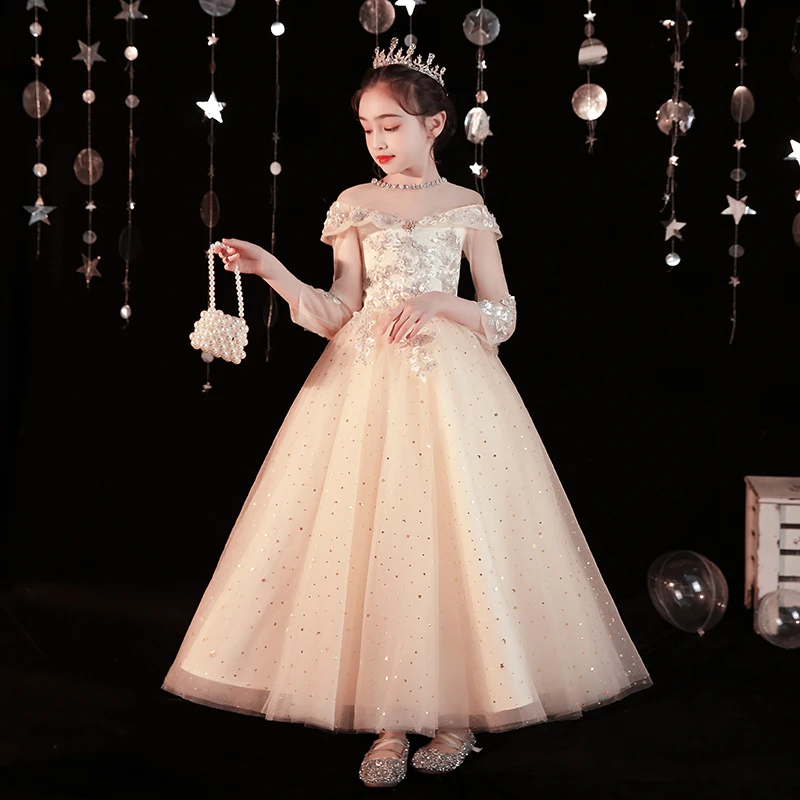 Šampanietis Bērniem Balles Kleitas Ar Garām Piedurknēm, Elegants Pie Pleca Appliques Princese Elsojošs Puķu Meitene Kleitas Attēls 2