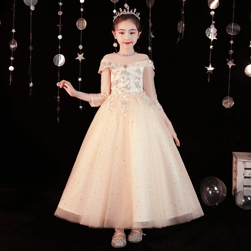 Šampanietis Bērniem Balles Kleitas Ar Garām Piedurknēm, Elegants Pie Pleca Appliques Princese Elsojošs Puķu Meitene Kleitas Attēls 3