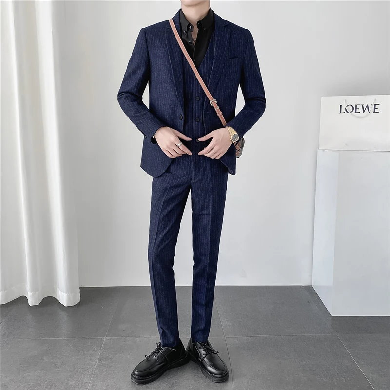 ( Žakete + Veste + Bikses ) ir 2021. 2-gabals, Vīriešu Formālu Business Classic Svītru Tērps Vīriešu Modes Veikaliņu, Kāzu Kleita, Uzvalks Attēls 2