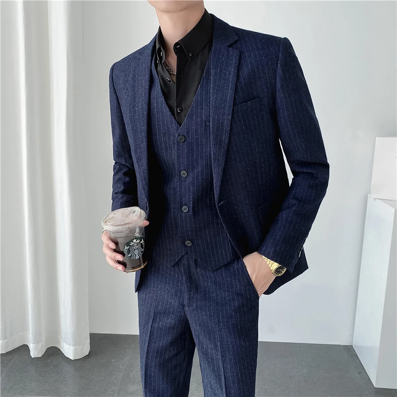 ( Žakete + Veste + Bikses ) ir 2021. 2-gabals, Vīriešu Formālu Business Classic Svītru Tērps Vīriešu Modes Veikaliņu, Kāzu Kleita, Uzvalks Attēls 3