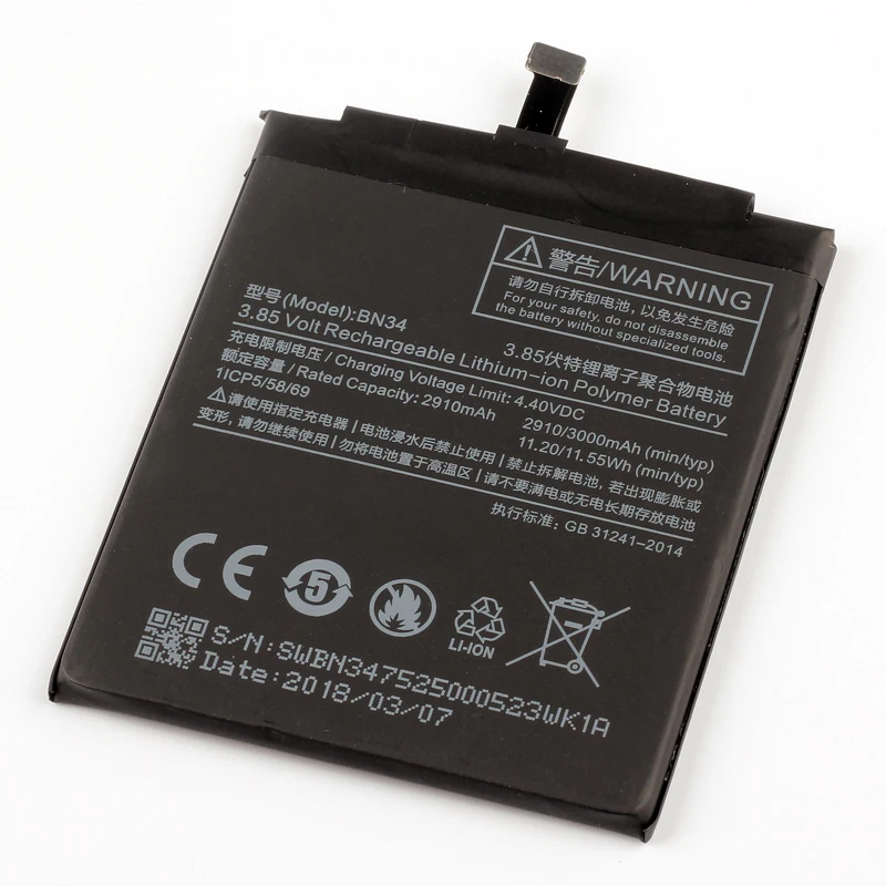 10pcs/daudz 2910mAh BN34 Mobilo Telefonu repalcement Akumulatoru Xiaomi Redmi 5.A tālruņa iekšējā li-ion Akumulators Attēls 1