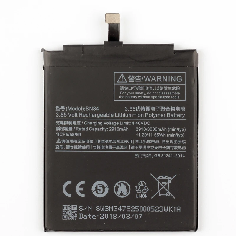 10pcs/daudz 2910mAh BN34 Mobilo Telefonu repalcement Akumulatoru Xiaomi Redmi 5.A tālruņa iekšējā li-ion Akumulators Attēls 2