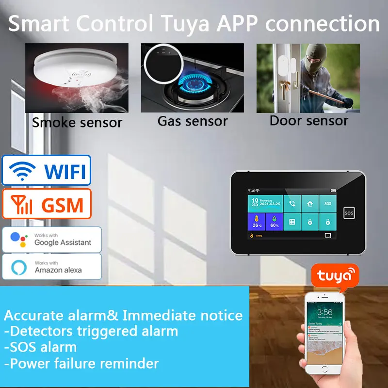 4.3 Collu TFT Ekrānu, Tuya Signalizācijas Sistēma, GSM, WiFi Smart Home Security pirkstu Nospiedumu Bruņojuma Apsardzes Syatem 433MHz Sensors Signalizācijas Sistēma Attēls 2