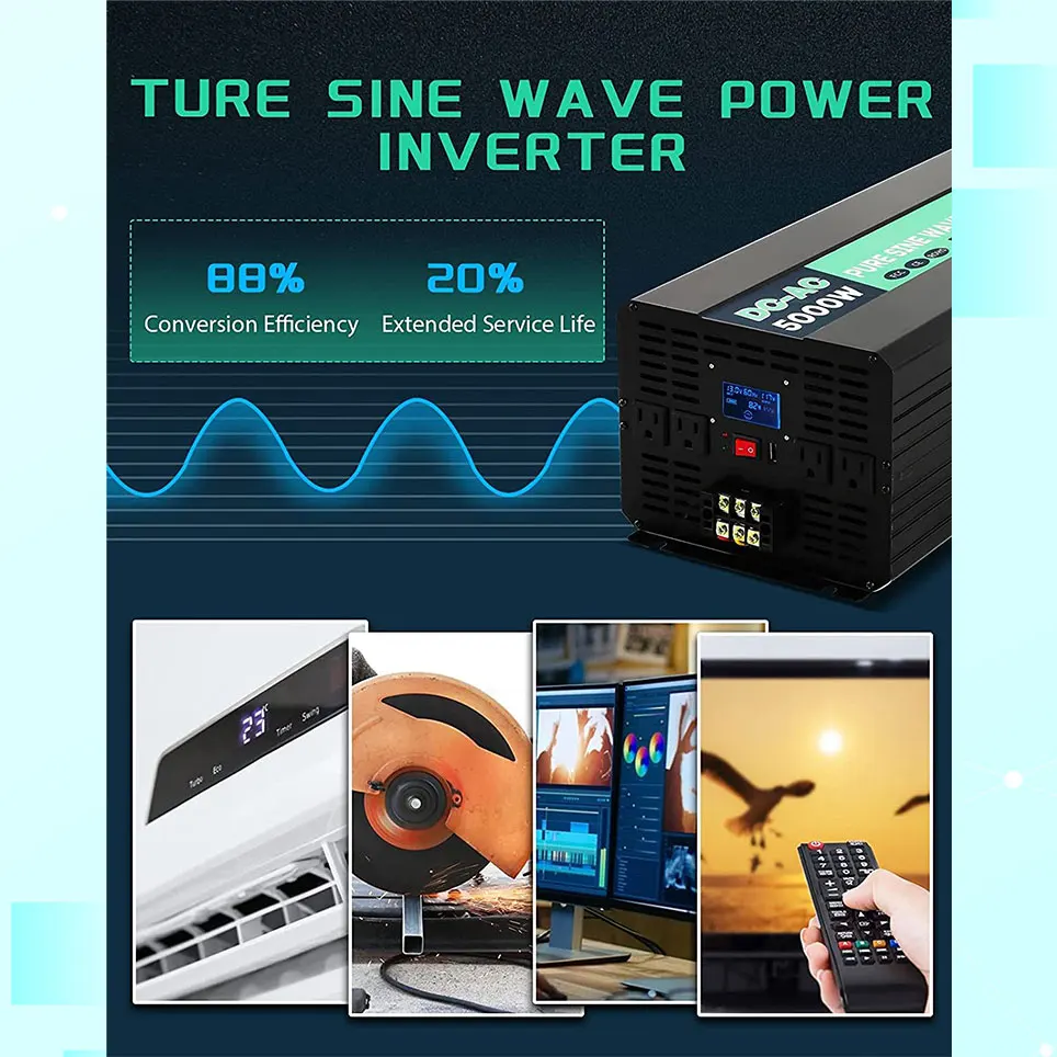 5000W pure sine wave power inverter 12V DC uz 110V AC, ar bezvadu tālvadības pults, LCD displejs, 1 USB ports un 4 MAIŅSTRĀVAS kontaktligzdas Attēls 2