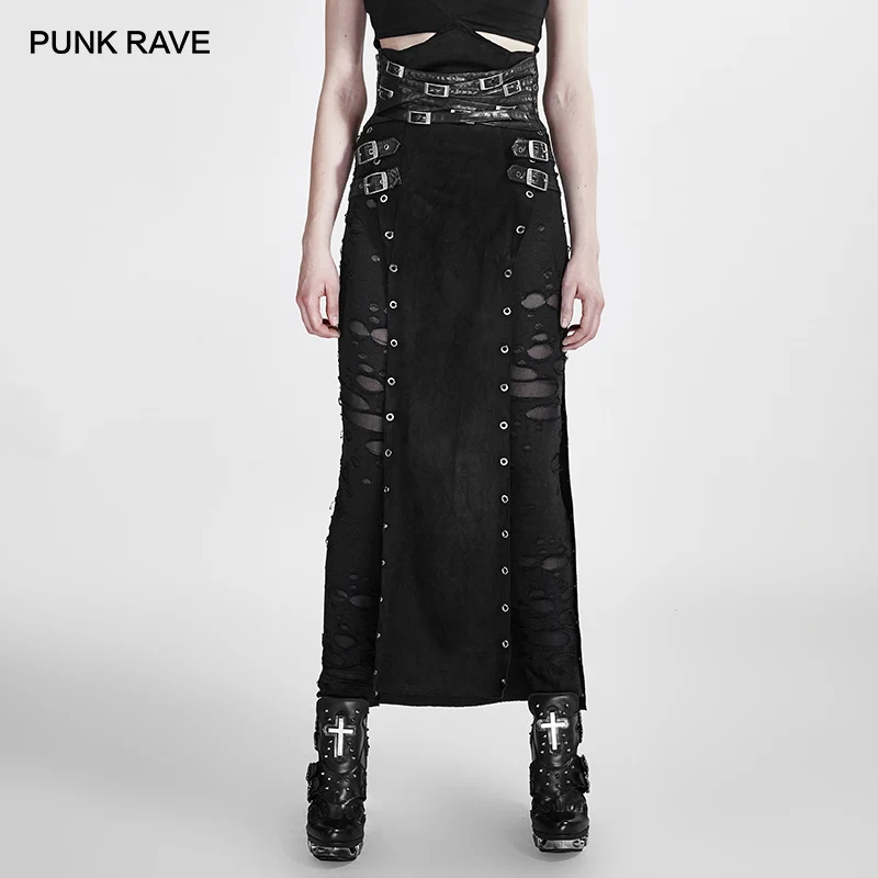 PUNK RAVE Sieviešu Gothic Sexy Black Svārki Punk Rock Copslay Skatuves Personības Hip Hop Streetwear Gara, Augsta Starām. Sadalīt Svārki Attēls 5