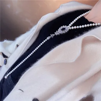 Sieviešu modes rotaslietas mikro inkrustēts zircon piederumi 8-9mm balta saldūdens pērļu kaklarota džemperis ķēdes 47+25cm garš