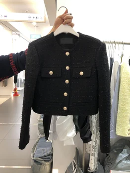 Ir 2021. Rudens jauns dizains sieviešu korejas modes o-veida kakla garām piedurknēm tvīda vilnas OLA īss mētelis casacos jaka