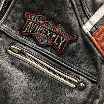 AVIREXFLY Vīriešu Punk stila Izšuvumus, galvaskausus, ādas motociklu jaka Vintage black īstas ādas jaka vīriešiem biker jaka