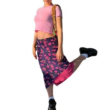 Sieviešu Ziedu Drukāt Rozā Svārki Sviedri, Augsta Vidukļa Īsi Svārki Y2K Midi Svārki Sieviešu Dubultā Slāņa Šifona Drēbes 90s Vintage